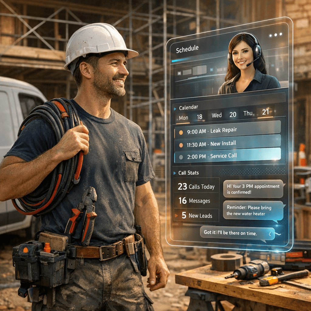 AI receptionist cost factors for UK trades - showing a tradesperson with scheduling and call management interface