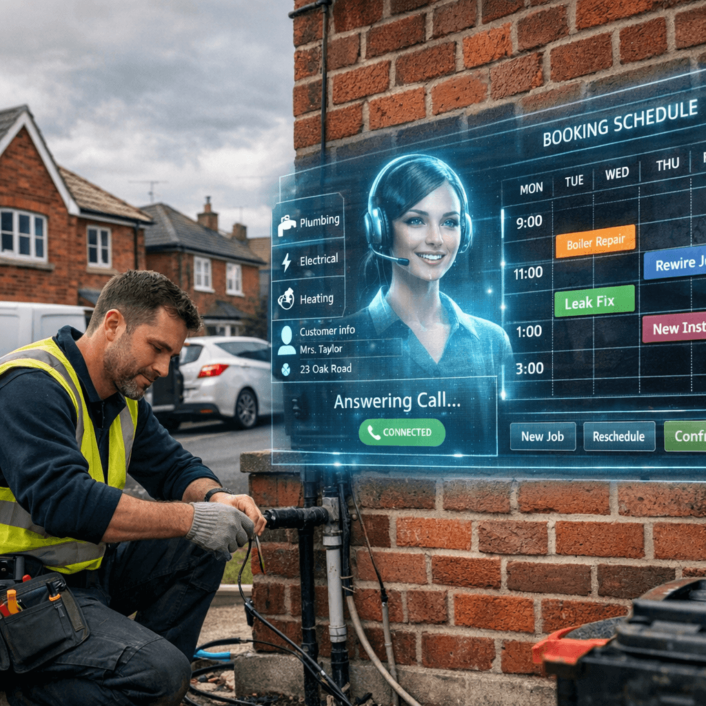 Tradesperson working on-site while AI receptionist answers calls and books appointments in the background
