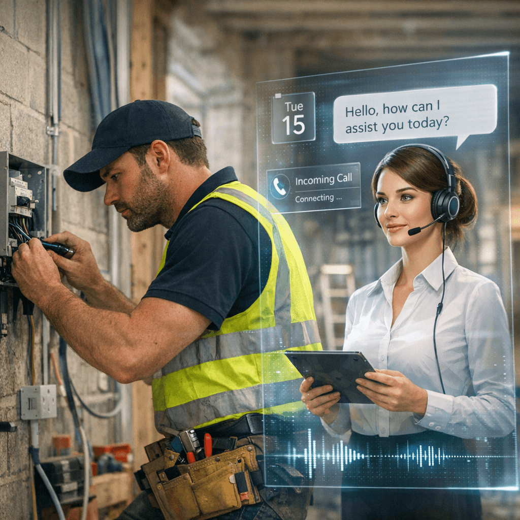 Electrician working on site while AI receptionist handles incoming calls