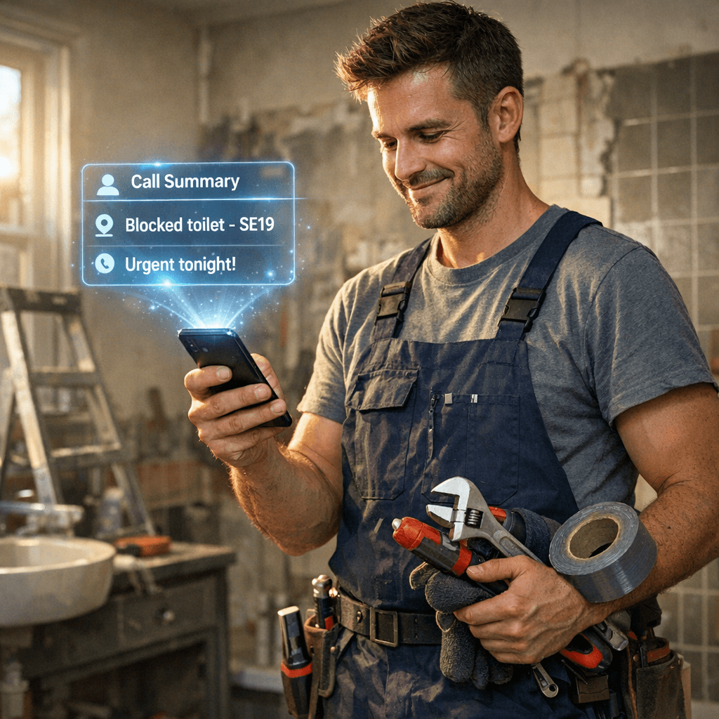 Tradesperson receiving AI call summary notification on their phone while working on-site