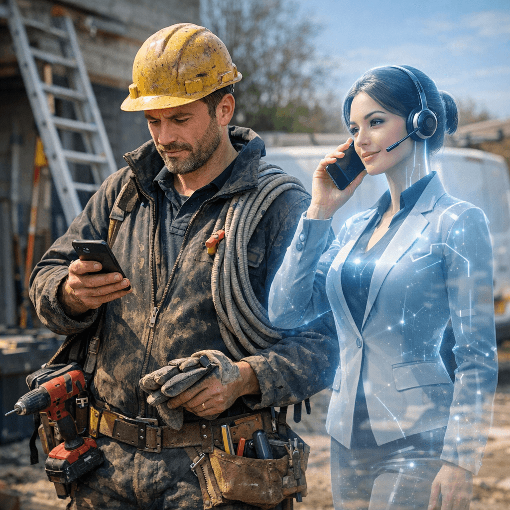 Virtual receptionist cost breakdown for UK businesses - tradesperson with AI assistant