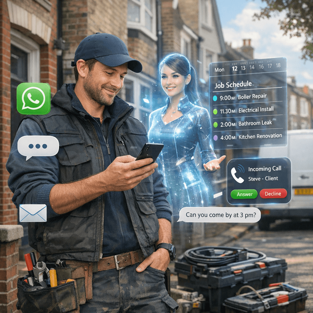 Tradesperson checking AI receptionist job schedule on mobile phone