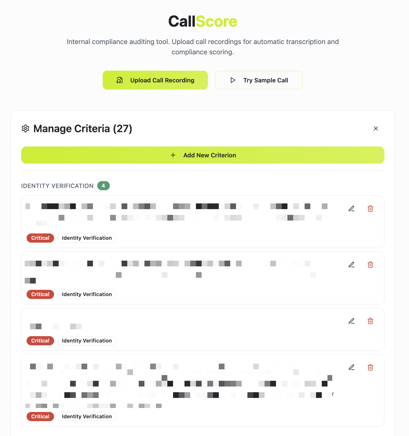CallScore interface showing customizable compliance criteria management