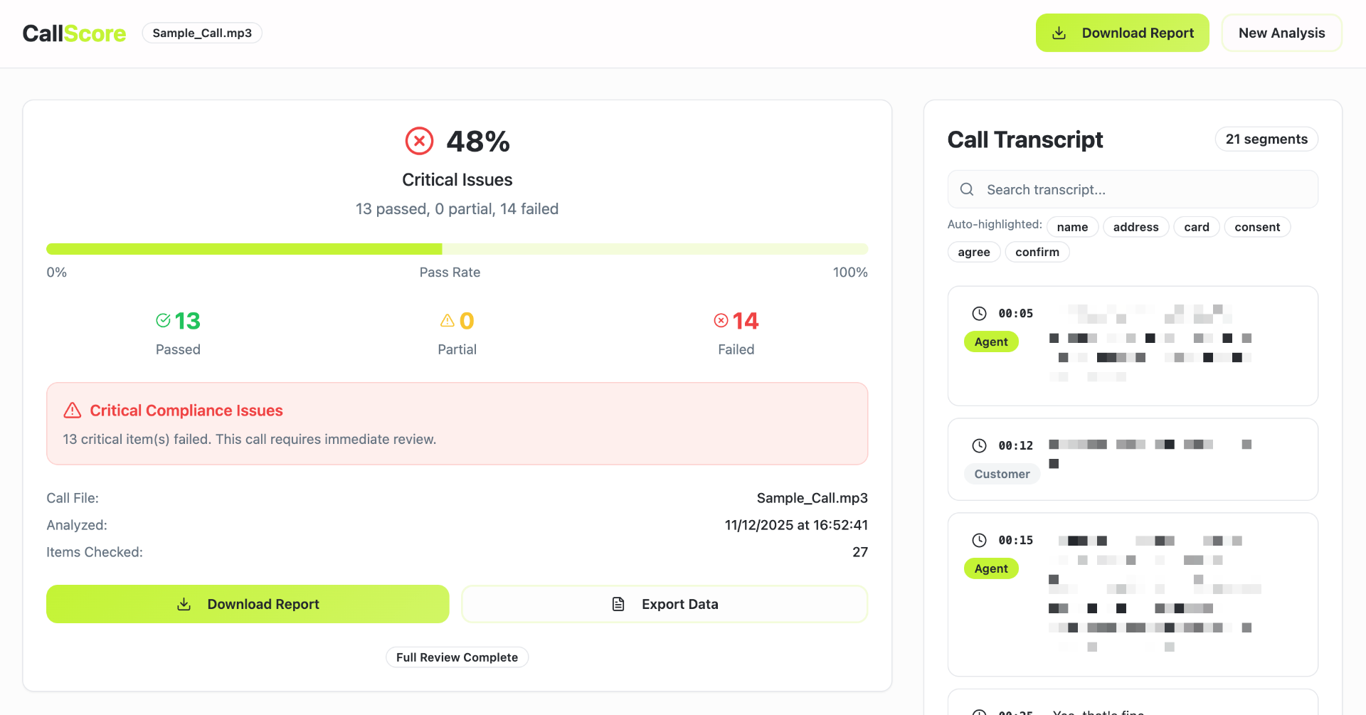 CallScore dashboard showing call analysis with pass/fail scoring and transcript