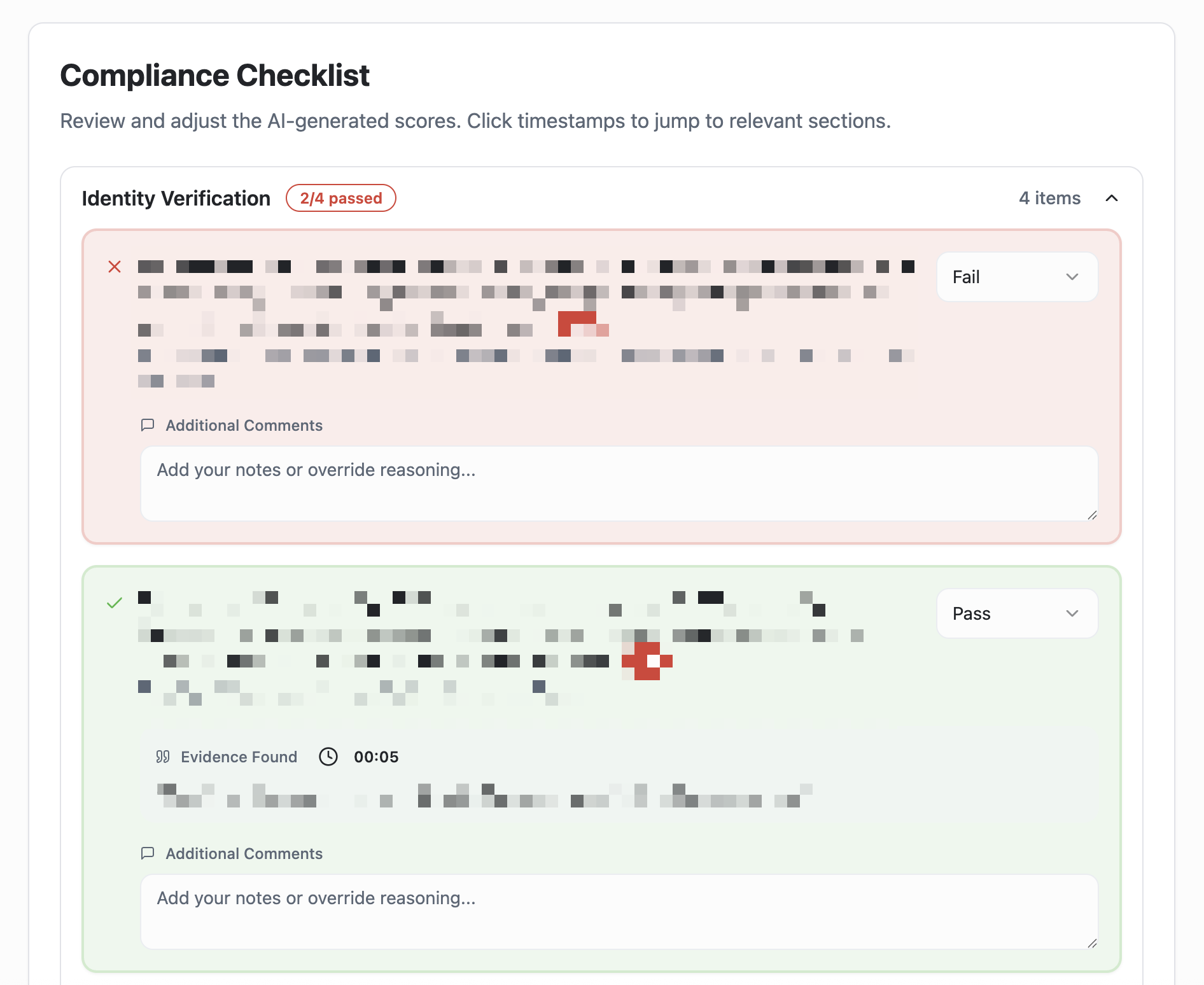CallScore compliance checklist showing pass/fail items with evidence timestamps