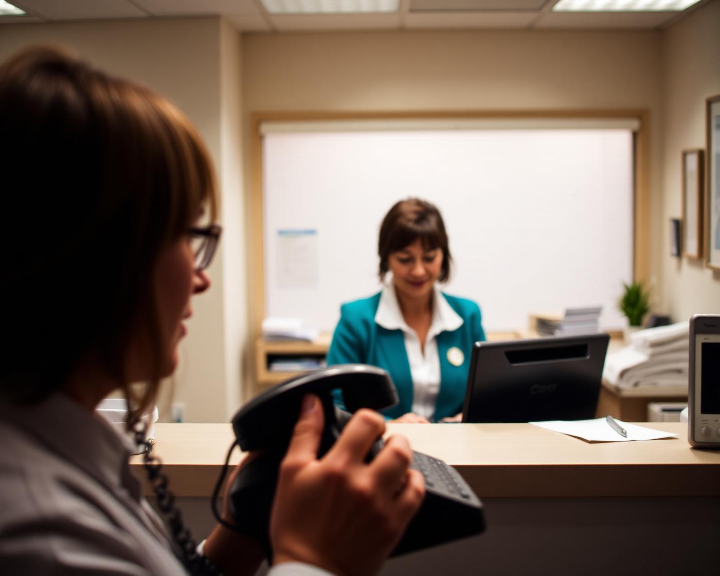 Busy dental practice front desk with a receptionist unable to answer a ringing phone