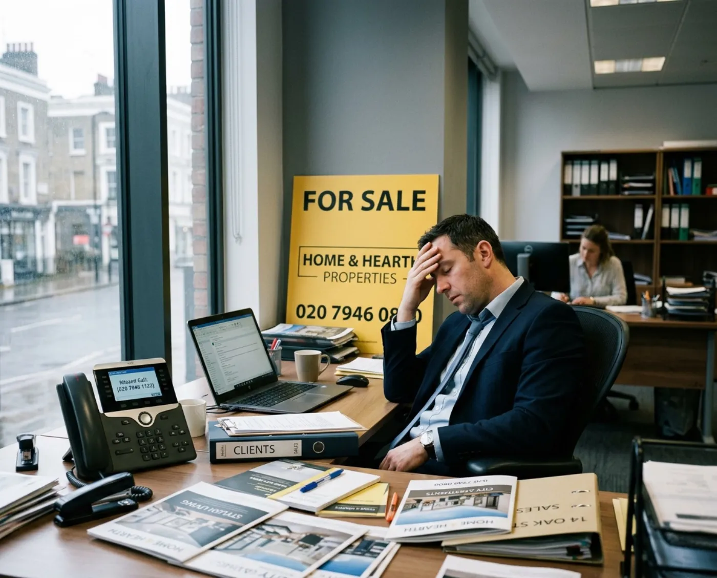 Estate agent at his desk holding his head, missed call notification on the office phone
