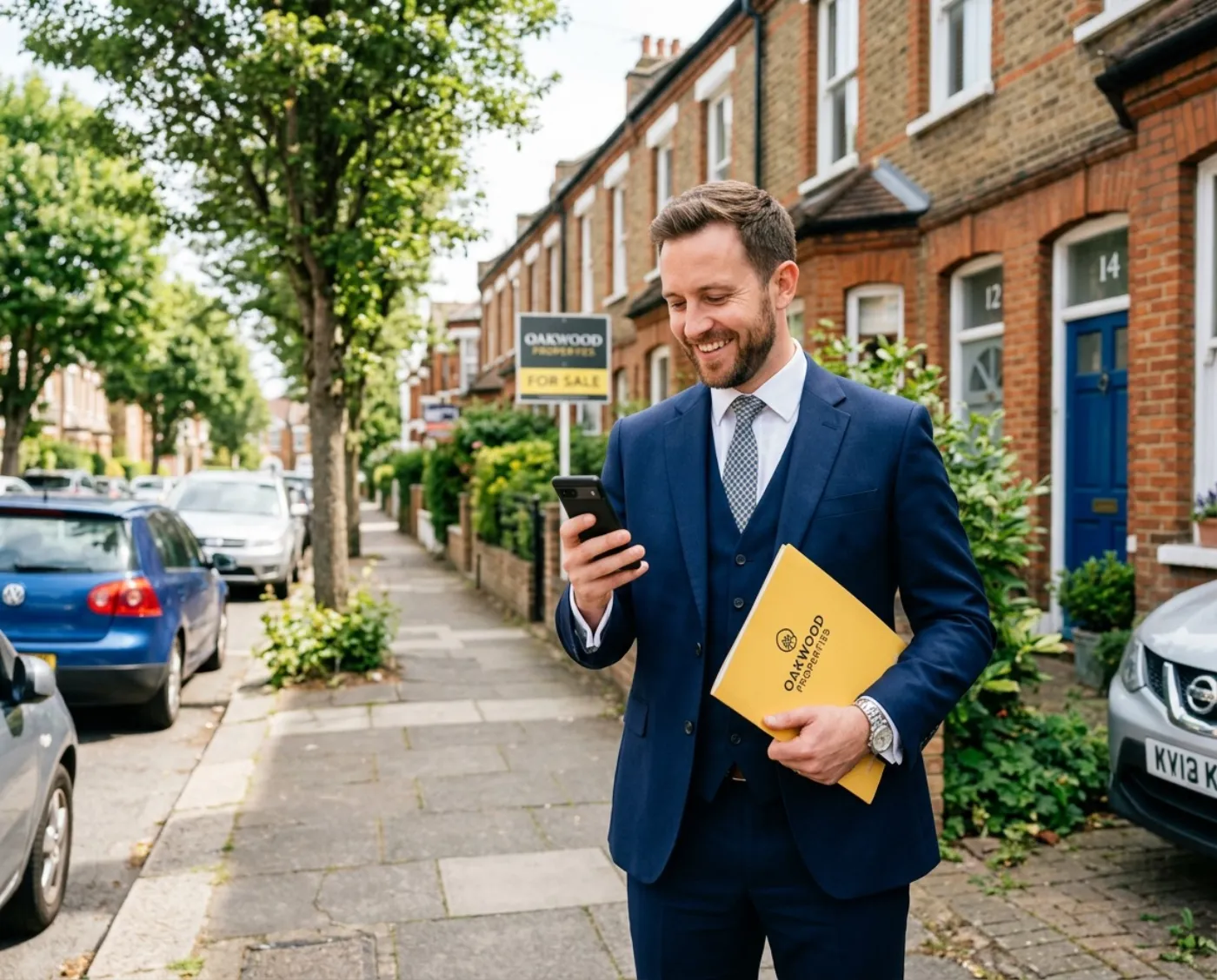 Estate agent walking down a residential street smiling at a new lead notification on his phone