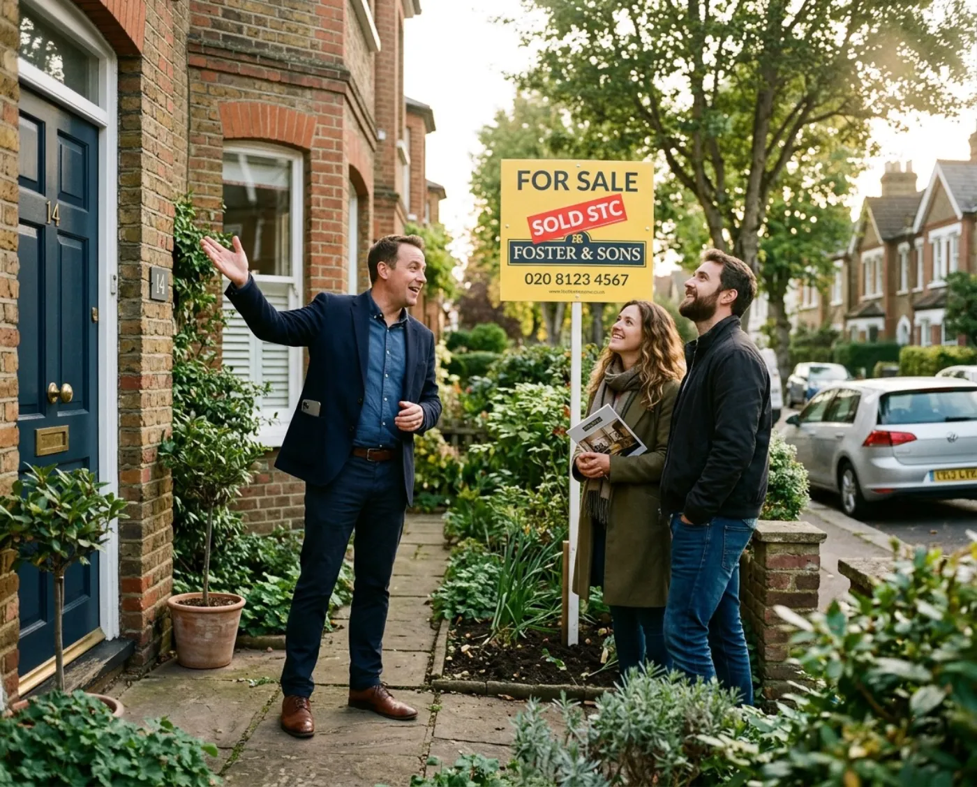 Estate agent showing a couple a property outside a sold-STC sign