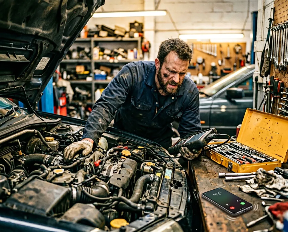Mechanic working under a car bonnet glancing over at his ringing phone on the workbench