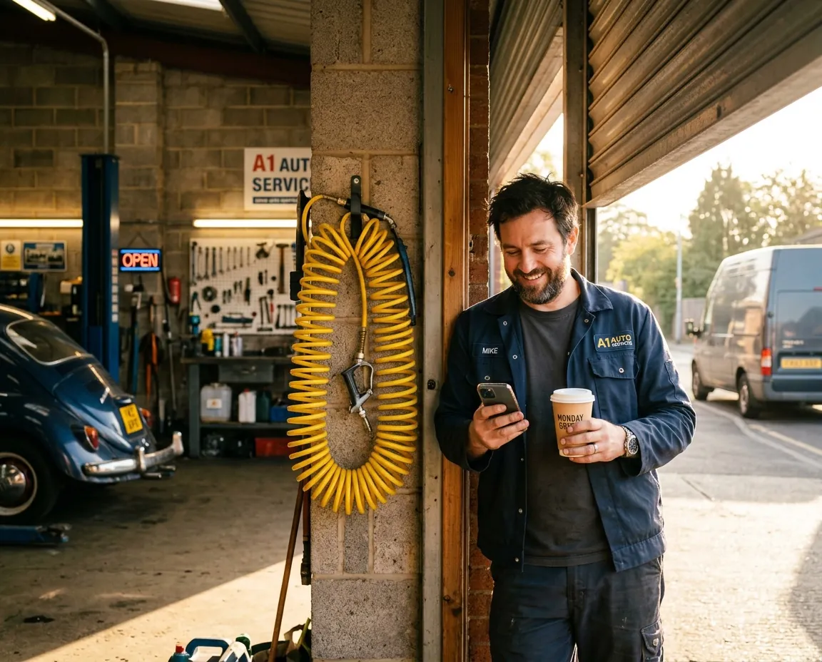 Mechanic reading a job alert on his phone outside his garage