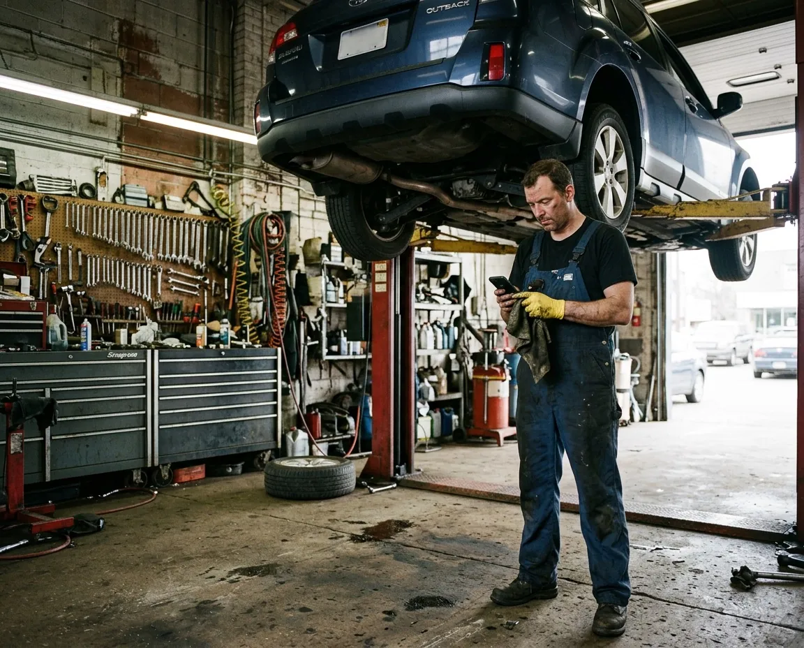 Mechanic checking job details on his phone with a car raised on the ramp behind him