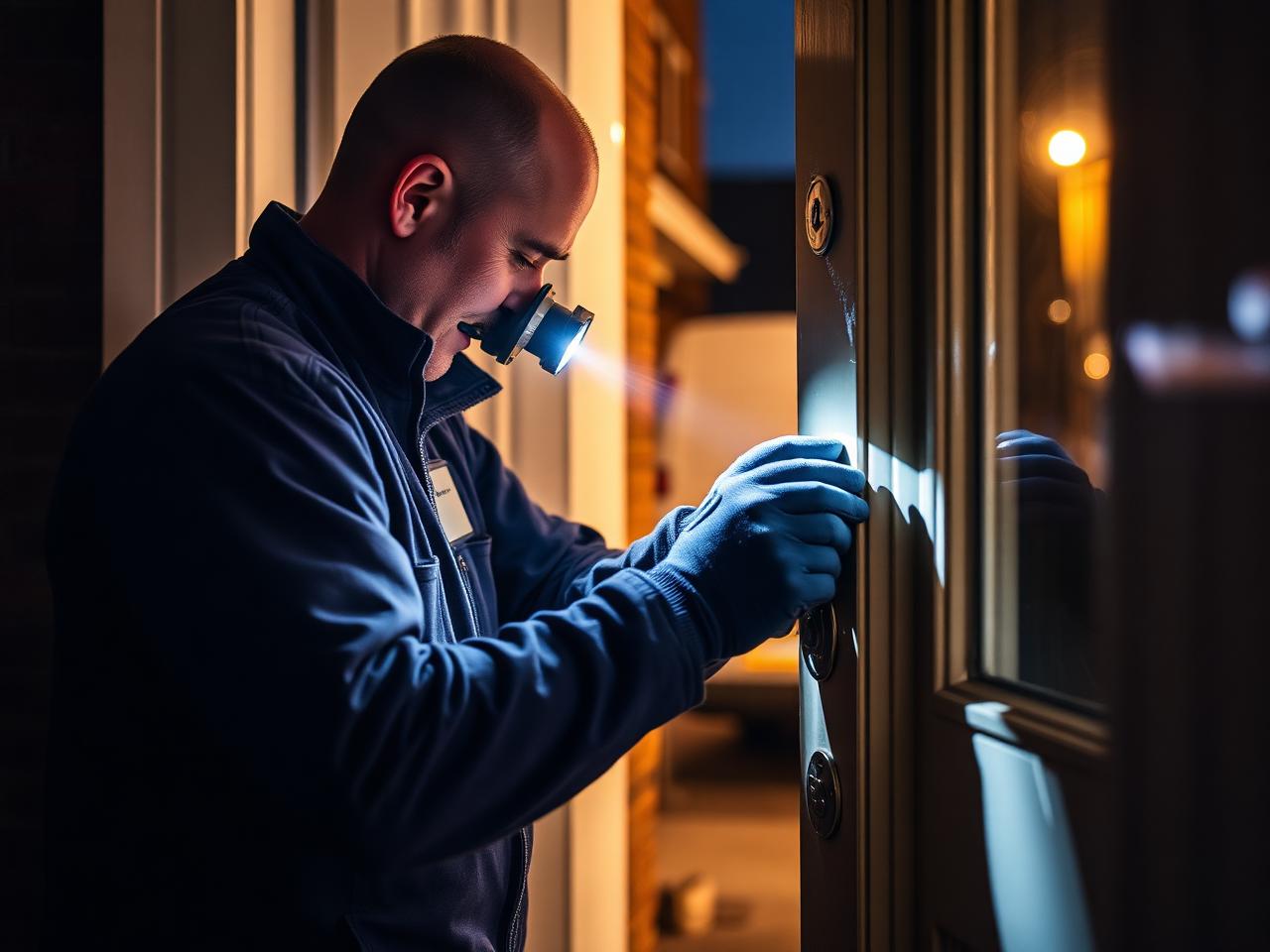 UK locksmith fitting a euro cylinder lock on a front door at night