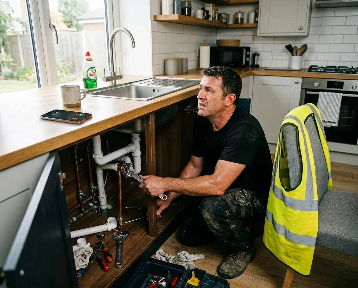 Plumber under a kitchen sink looking up at a ringing phone he can't reach