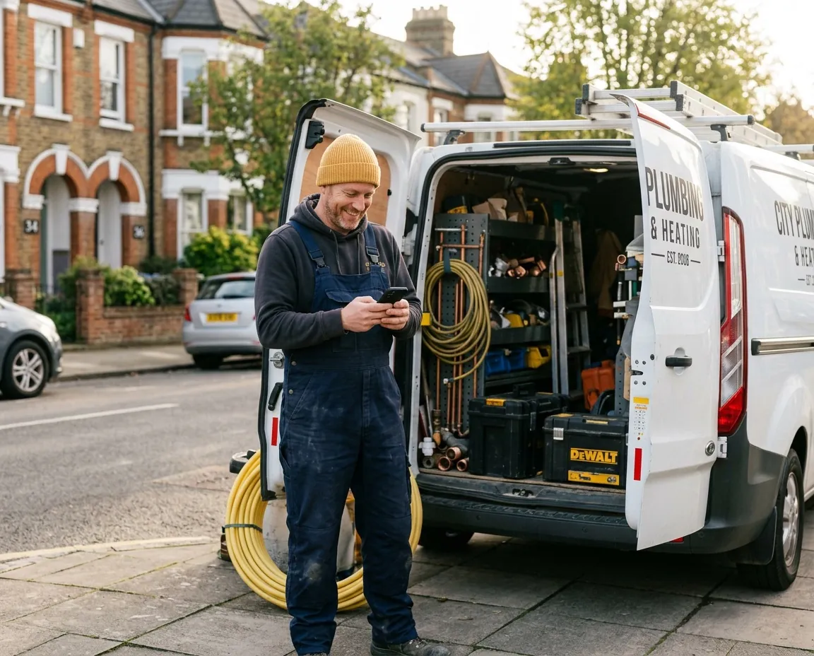 Plumber smiling at his phone after a job notification