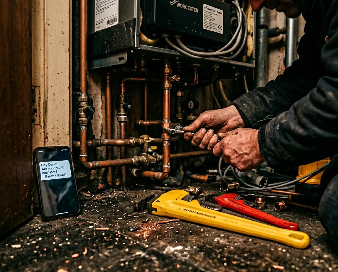 Plumber working on copper pipes while a missed call text from a customer lights up his phone on the floor