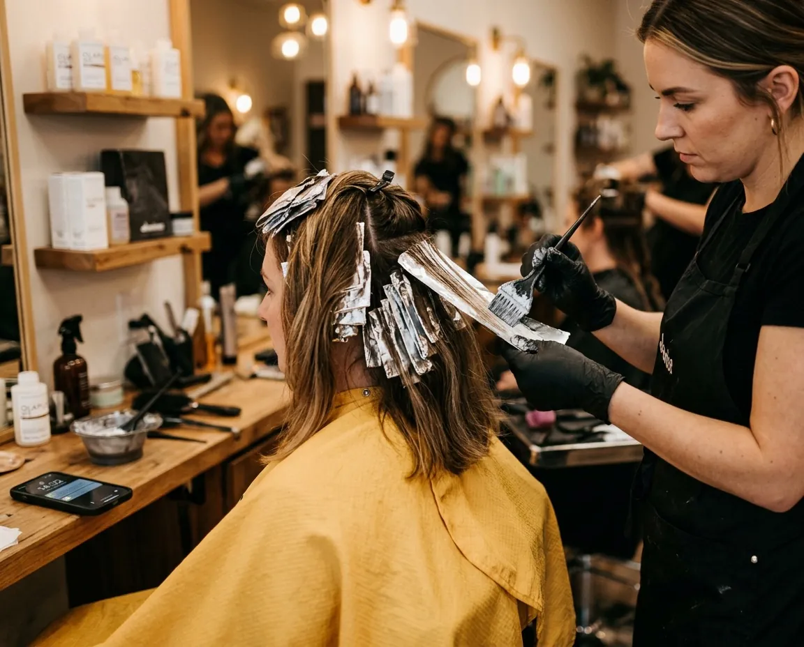 Stylist focused on applying foils to a client's hair, hands full and unable to answer the phone on the counter