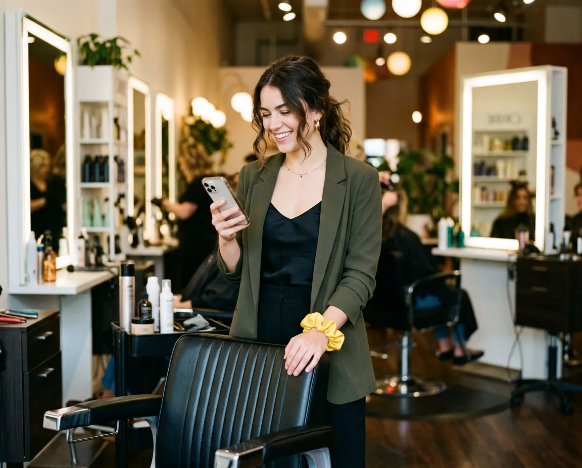 Stylish salon client smiling at her phone after an instant booking confirmation