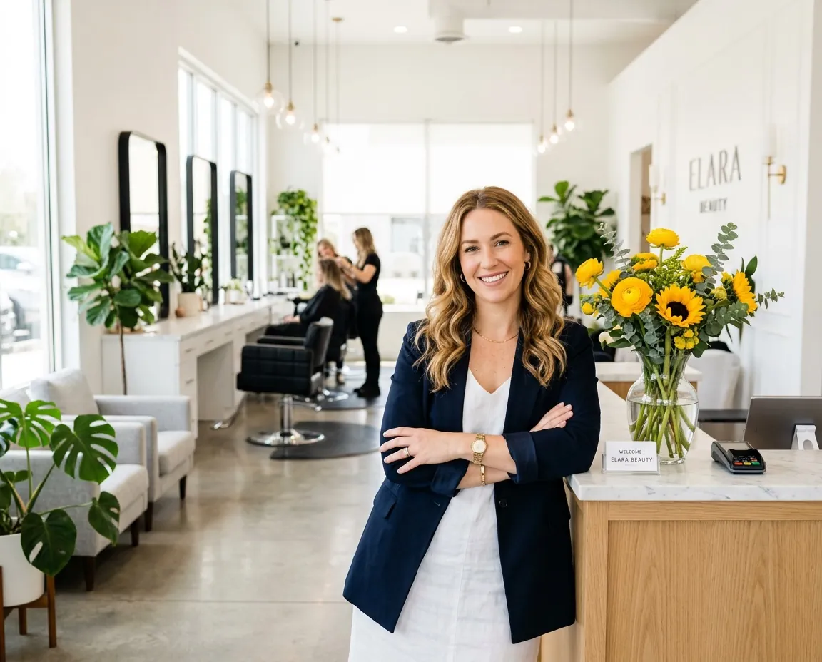 Salon owner standing at her bright reception desk