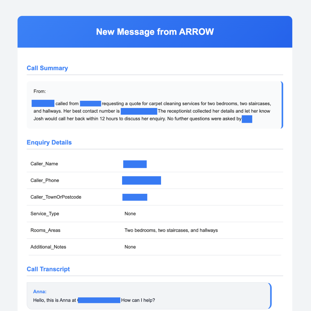 ARROW call summary and transcript interface showing detailed call information
